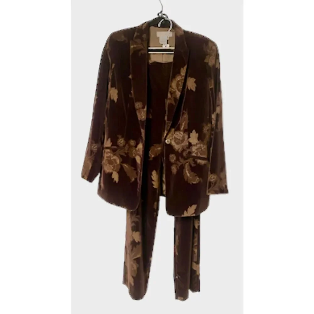 Bill Burns Signature Brown Velveteen 2-Piece Pantsuit w/Floral Design Sz. 10/12 - Picture 1 of 11